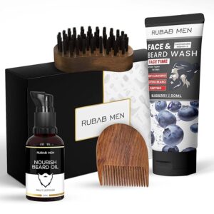 Rubab Men 4-in-1 Beard Kit for Men| Advance Beard Growth Oil, Face & Beard Wash, Beard Brush & Wooden Beard Comb| Everyday Beard Grooming Care