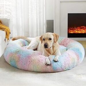 ZEXSAZONE Rainbow Dog Bed – Soft Plush Comfortable Washable Pet for Medium Dogs & Cats, Cozy All-Weather Round Cushion Bed for Puppies & Pets (Medium, Rainbow Color)