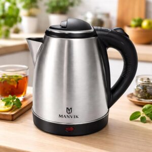 MANVIK Stainless Steel Kettle 1.5L | 1500 Watts | Stainless Steel Hot Water portable Electric Kettle for Home, Office | Auto Shut-Off with Wide Mouth | Cool-touch Handle and Single-Touch Lid Lock