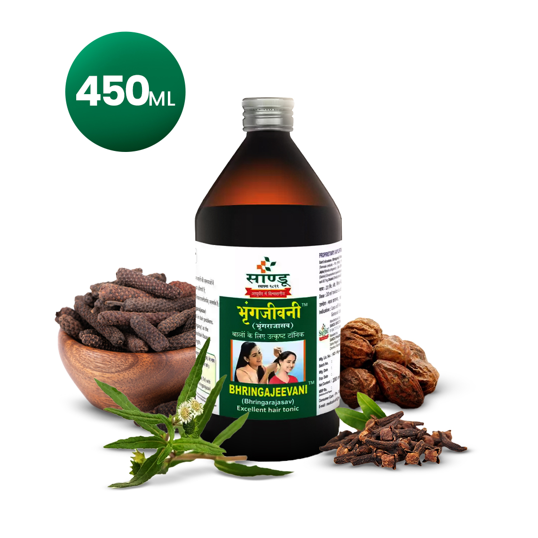 Sandu Bhringajeevani (450 ml) Rejuvenating Ayurvedic Hair Tonic - Image 6