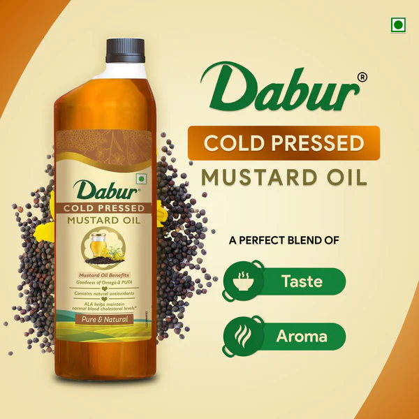 Dabur Cold Pressed Mustard Oil | Rich in Omega 3 & 6 | Healthy, Pure & Flavorful Cooking Oil - 1L